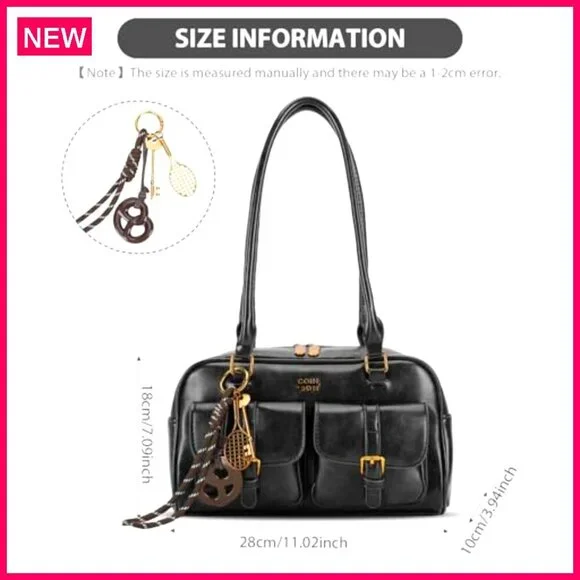 PU Leather Shoulder Bag Top Handle Multiple Pockets Retro Y2K Tote - Picture 7 of 8